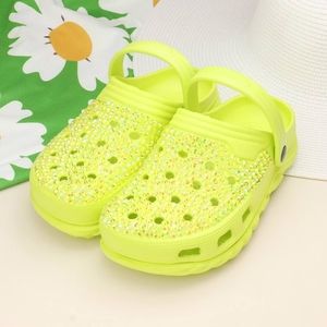 Green Bling Rhinestone Crystal Slip On Croclike Slides Rubber Clogs Sandals